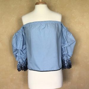 ZARA striped embroidered off the shoulder top